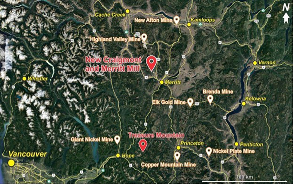 A map showing Nicola Mining’s project portfolio in mineral-rich regions of British Columbia